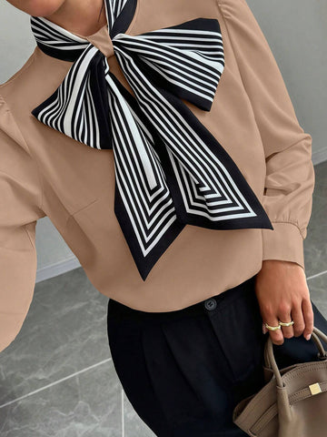 Privé Women Solid Color Tie Front Long Sleeve Blouse, Casual Daily Wear