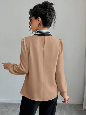 Privé Women Solid Color Tie Front Long Sleeve Blouse, Casual Daily Wear