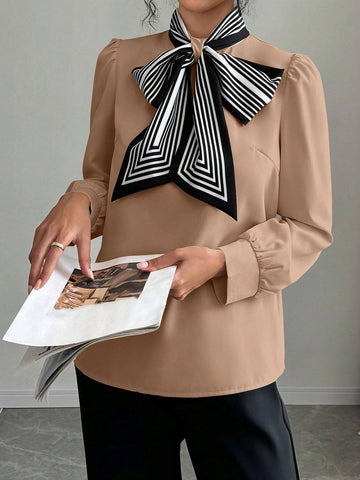 Privé Women Solid Color Tie Front Long Sleeve Blouse, Casual Daily Wear