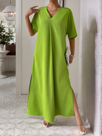 Women Solid Color V-NeSlouchylouchy Seaside Holiday Slit Long Dress