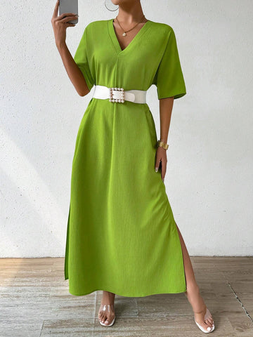 Women Solid Color V-NeSlouchylouchy Seaside Holiday Slit Long Dress