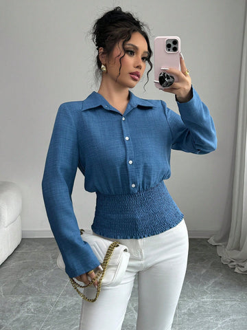 Privé Women Spring/Autumn Plain Single-Breasted Casual Flared Hem Long Sleeve Shirt