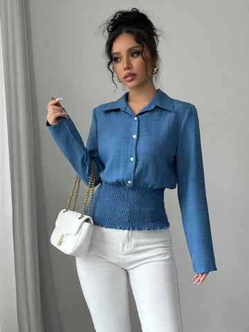 Privé Women Spring/Autumn Plain Single-Breasted Casual Flared Hem Long Sleeve Shirt