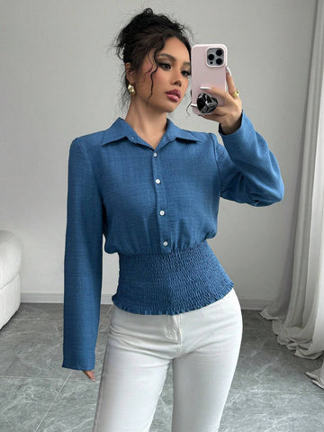 Privé Women Spring/Autumn Plain Single-Breasted Casual Flared Hem Long Sleeve Shirt