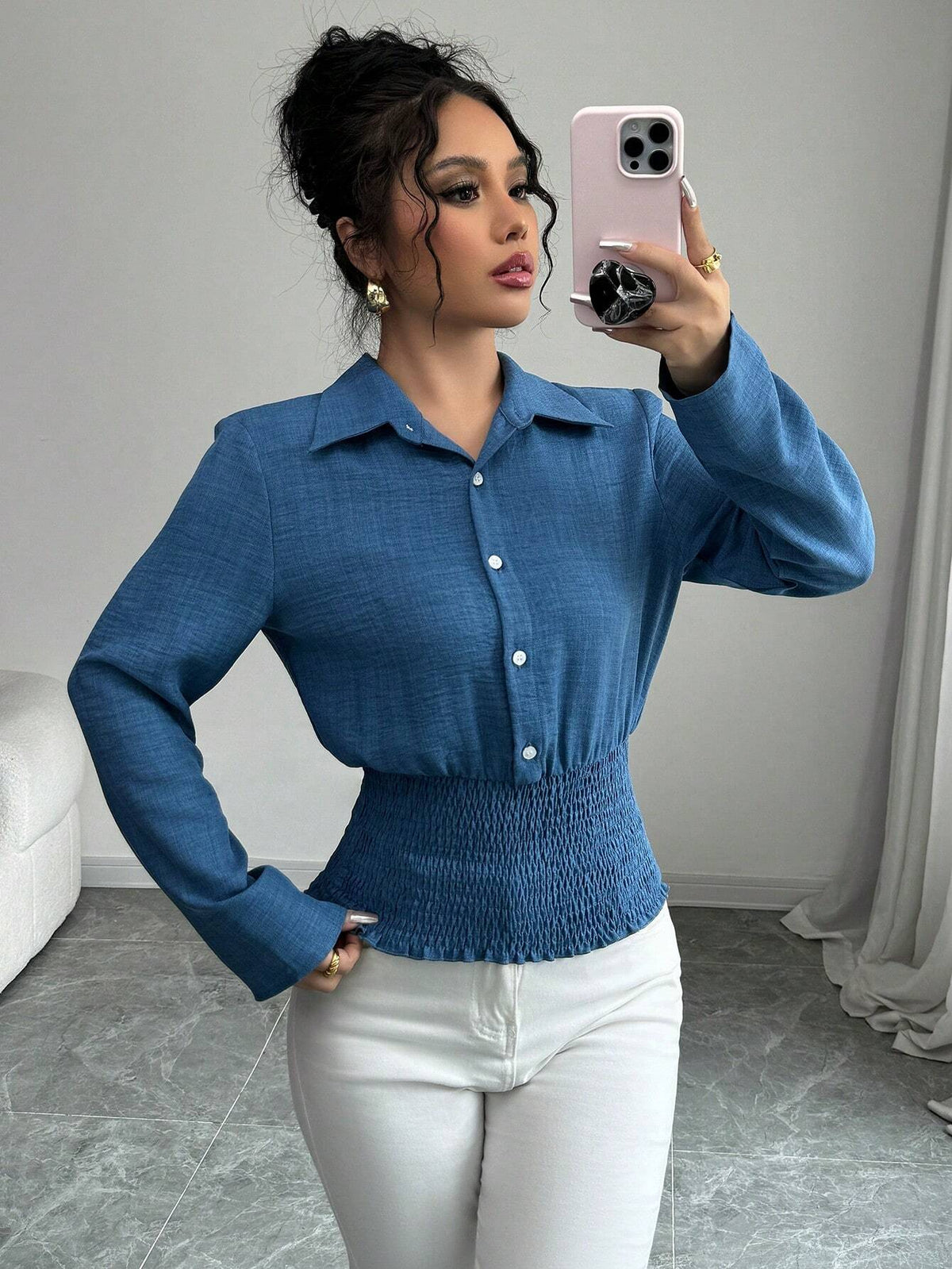 Privé Women Spring/Autumn Plain Single-Breasted Casual Flared Hem Long Sleeve Shirt