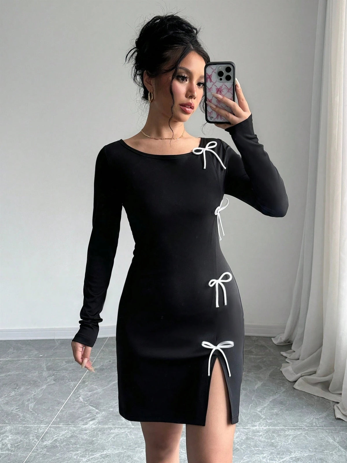 Women Spring Autumn Casual Bowknot Decor Split Hem Dress