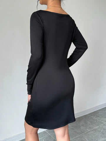 Women Spring Autumn Casual Bowknot Decor Split Hem Dress