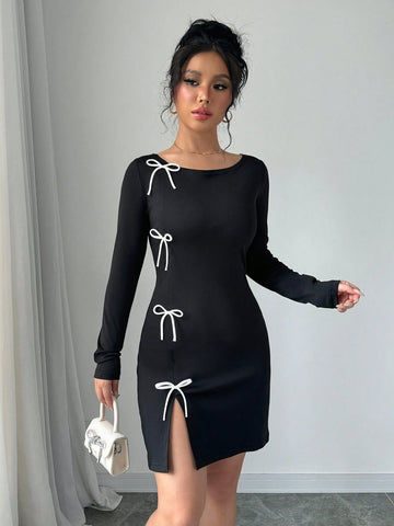 Women Spring Autumn Casual Bowknot Decor Split Hem Dress