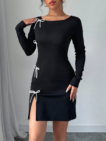 Women Spring Autumn Casual Bowknot Decor Split Hem Dress