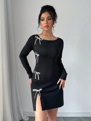 Women Spring Autumn Casual Bowknot Decor Split Hem Dress