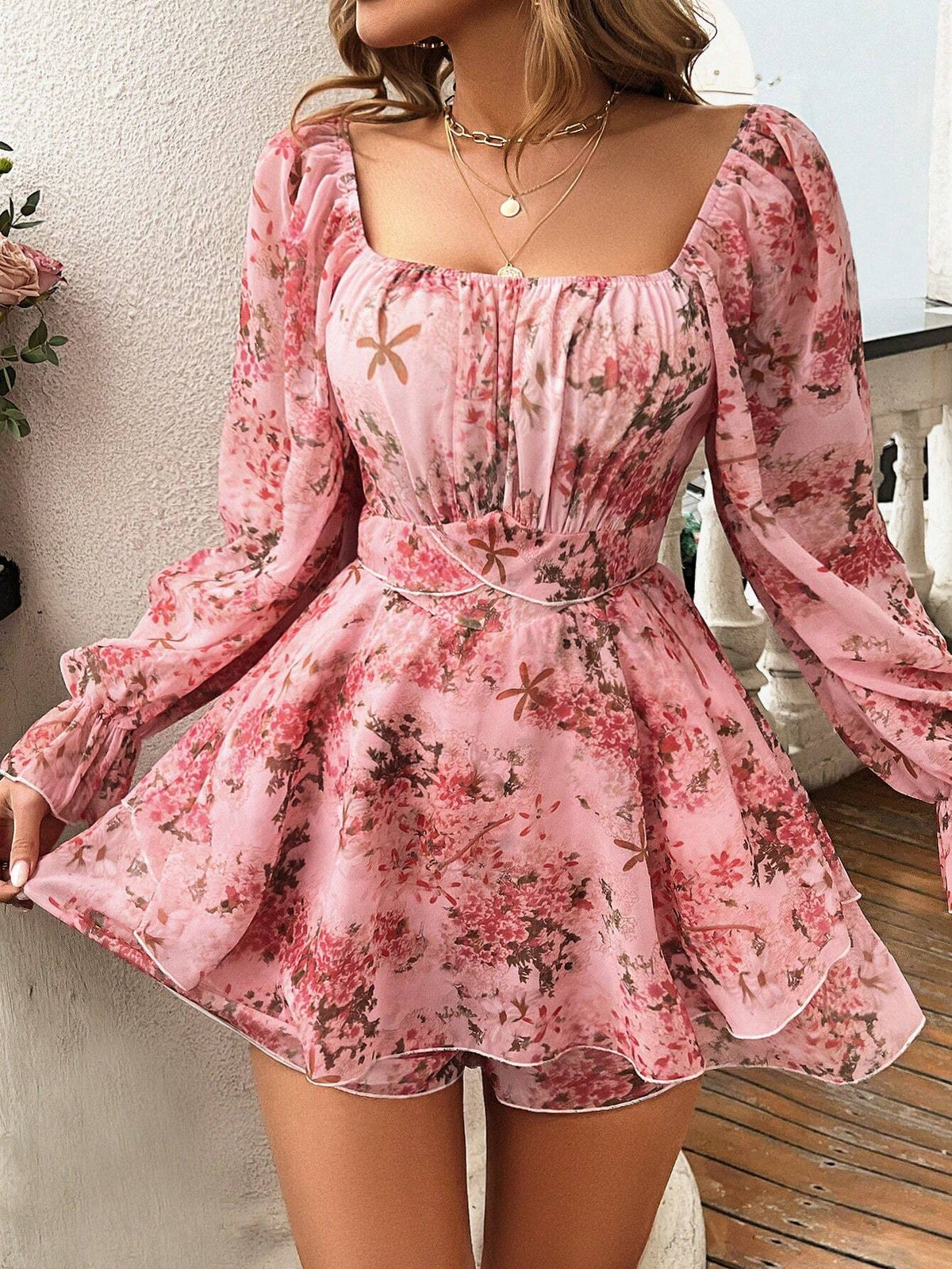 Women Square Neck Printed Lantern Sleeves Jumpsuit With Ruffled Hem