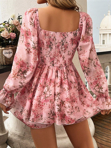 Women Square Neck Printed Lantern Sleeves Jumpsuit With Ruffled Hem