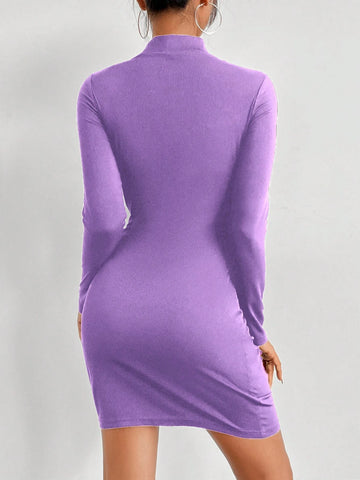 Women Stand Collar Long Sleeve Hollow Out Fitted Short Dress, Solid Color, Autumn