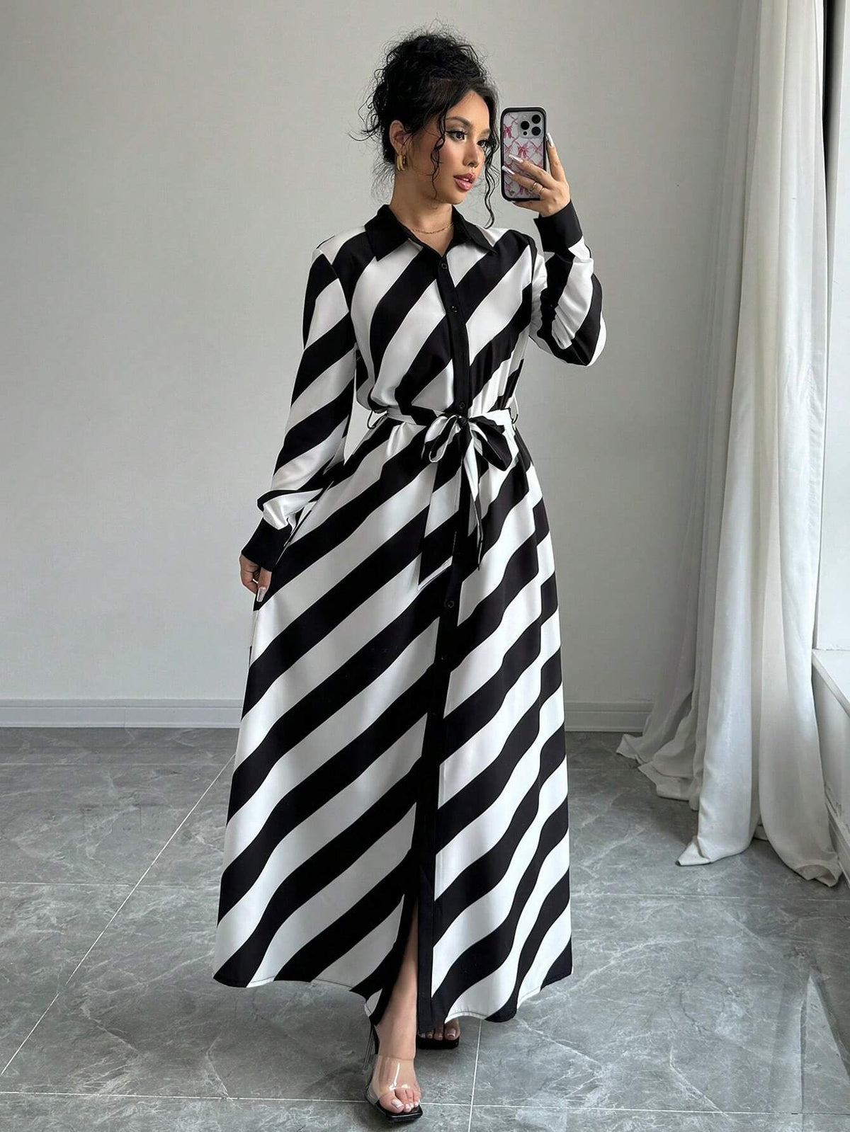 Women Striped Long Sleeve Loose Casual Maxi Shirt Dress, Spring Autumn