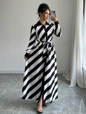 Women Striped Long Sleeve Loose Casual Maxi Shirt Dress, Spring Autumn