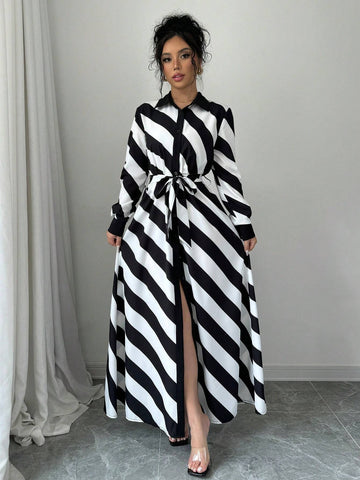 Women Striped Long Sleeve Loose Casual Maxi Shirt Dress, Spring Autumn