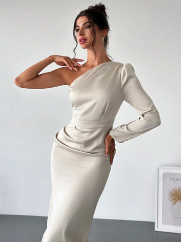 Women Stylish Minimalist Elegant High-Quality Date Party Gathering Khaki Color Pleated Crosse