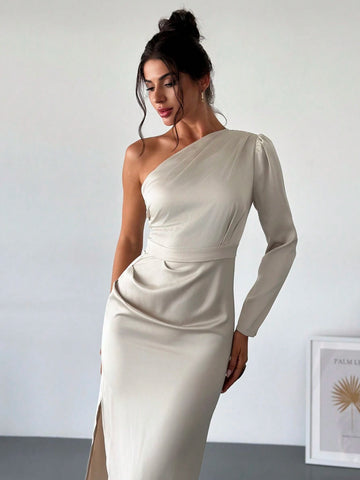 Women Stylish Minimalist Elegant High-Quality Date Party Gathering Khaki Color Pleated Crosse