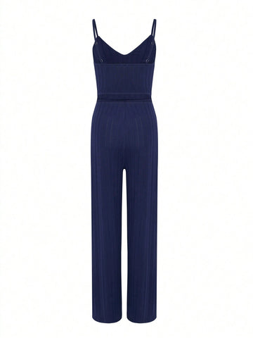 Women Summer Casual Solid Color Side Slit Spaghetti Strap Jumpsuit