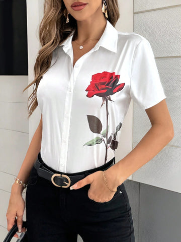 Privé Women Summer Elegant Holiday Dating Flower Print Button Down Loose Fit Shirt With Mid-Length Sleeves
