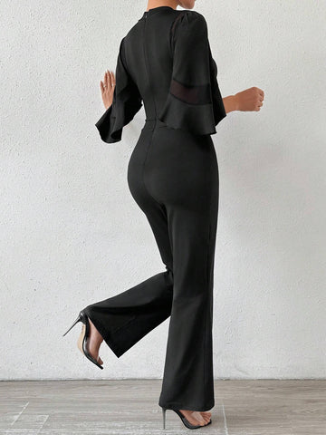 Women Summer Elegant Mesh Splice Stand Collar Flare Sleeve Jumpsuit