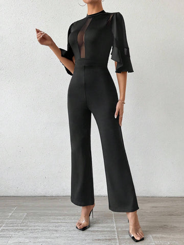 Women Summer Elegant Mesh Splice Stand Collar Flare Sleeve Jumpsuit