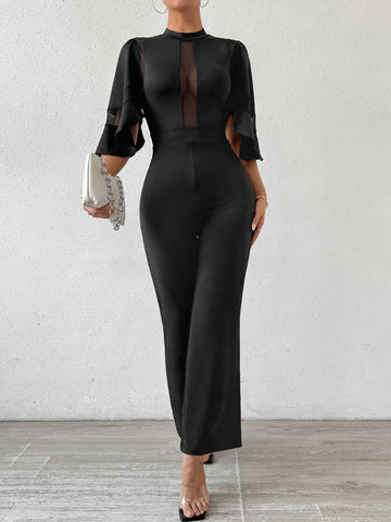 Women Summer Elegant Mesh Splice Stand Collar Flare Sleeve Jumpsuit