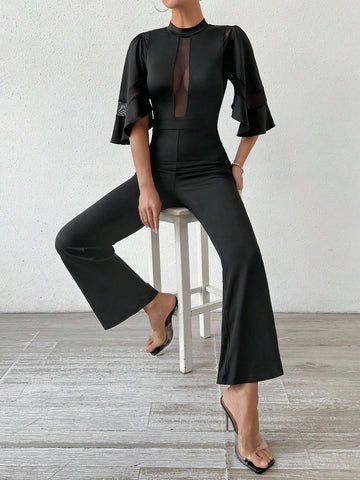 Women Summer Elegant Mesh Splice Stand Collar Flare Sleeve Jumpsuit