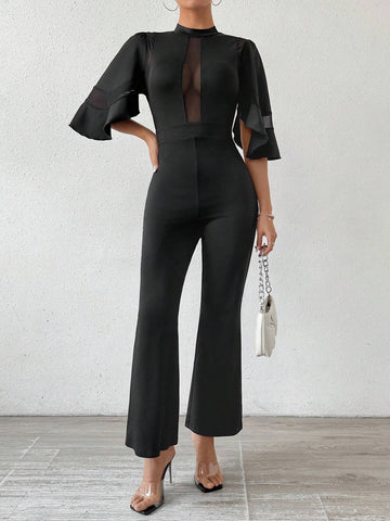 Women Summer Elegant Mesh Splice Stand Collar Flare Sleeve Jumpsuit