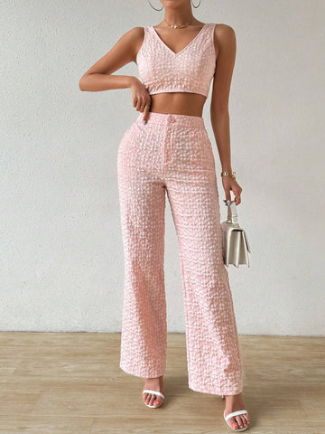 Women Summer Floral Dark Stripe V-Neck Cropped Vest And Pants Elegant Two-Piece Set