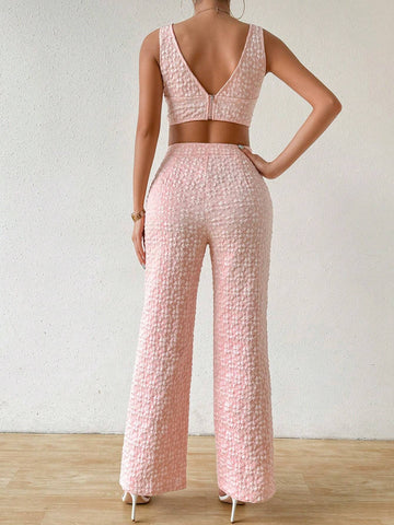Women Summer Floral Dark Stripe V-Neck Cropped Vest And Pants Elegant Two-Piece Set