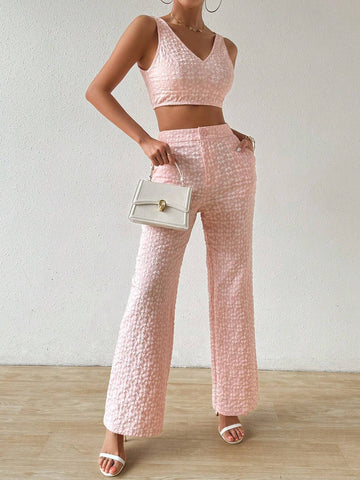 Women Summer Floral Dark Stripe V-Neck Cropped Vest And Pants Elegant Two-Piece Set