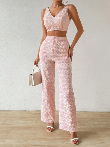 Women Summer Floral Dark Stripe V-Neck Cropped Vest And Pants Elegant Two-Piece Set
