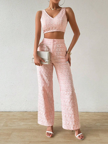 Women Summer Floral Dark Stripe V-Neck Cropped Vest And Pants Elegant Two-Piece Set