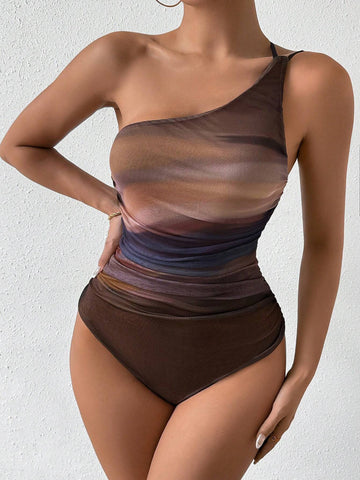 Women Summer One Shoulder Tie-Dye Print Pleated Sleeveless Slim Jumpsuit