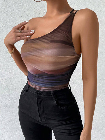 Women Summer One Shoulder Tie-Dye Print Pleated Sleeveless Slim Jumpsuit