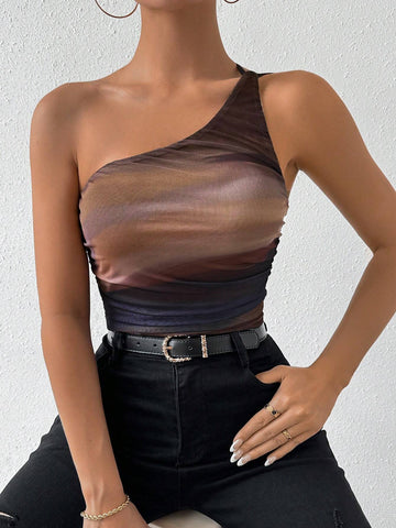 Women Summer One Shoulder Tie-Dye Print Pleated Sleeveless Slim Jumpsuit