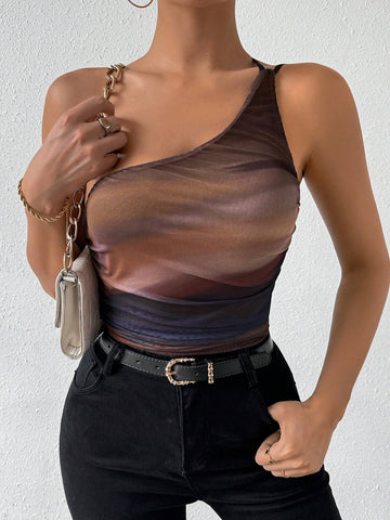 Women Summer One Shoulder Tie-Dye Print Pleated Sleeveless Slim Jumpsuit