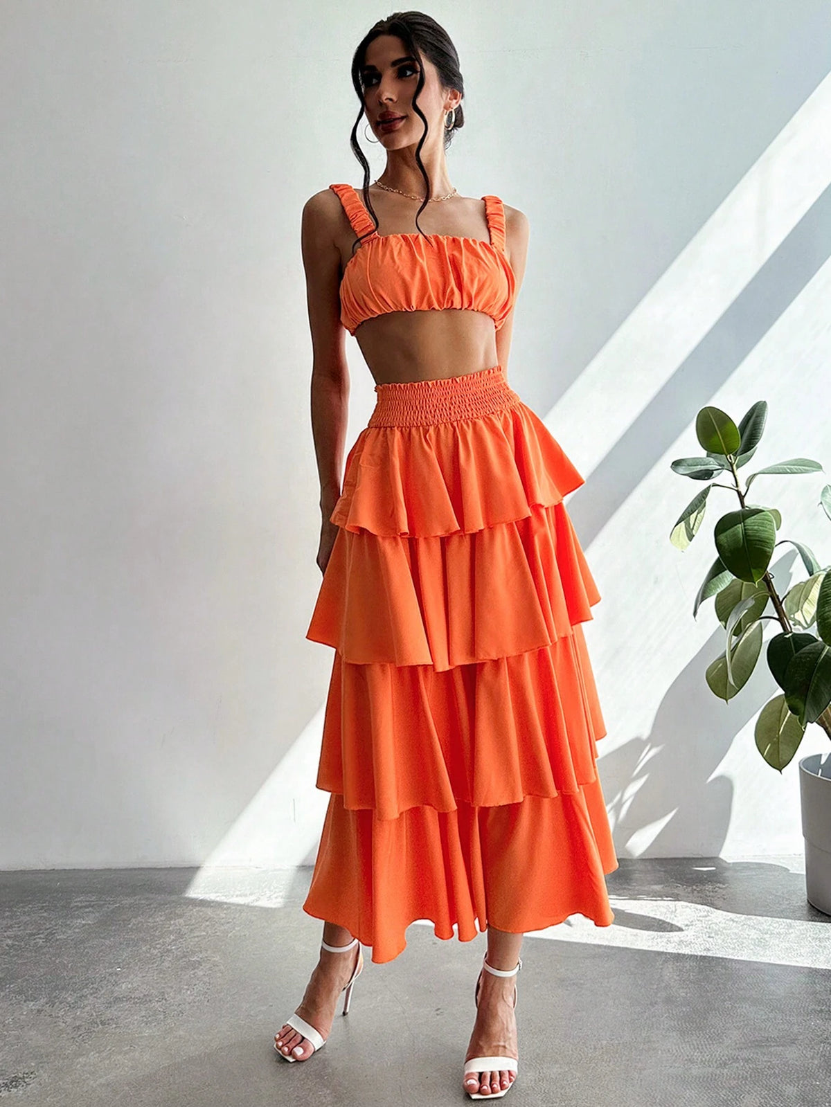 Women Summer Pleated Bust Tank Top + Tower Skirt Half-Body Skirt Beach Vacation Two-Piece Set