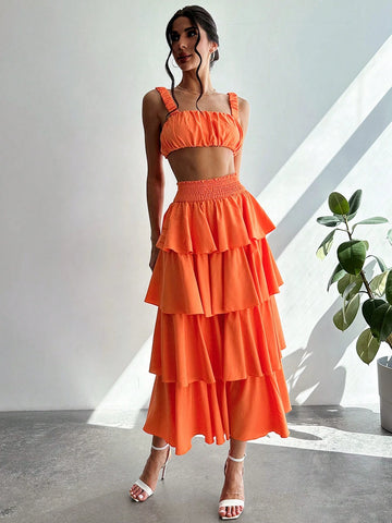 Women Summer Pleated Bust Tank Top + Tower Skirt Half-Body Skirt Beach Vacation Two-Piece Set