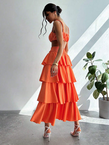 Women Summer Pleated Bust Tank Top + Tower Skirt Half-Body Skirt Beach Vacation Two-Piece Set