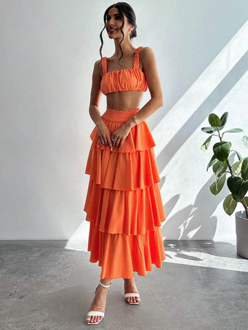 Women Summer Pleated Bust Tank Top + Tower Skirt Half-Body Skirt Beach Vacation Two-Piece Set