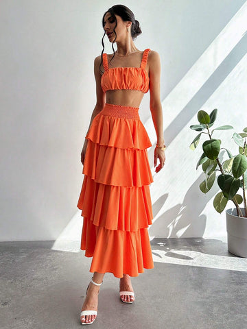Women Summer Pleated Bust Tank Top + Tower Skirt Half-Body Skirt Beach Vacation Two-Piece Set