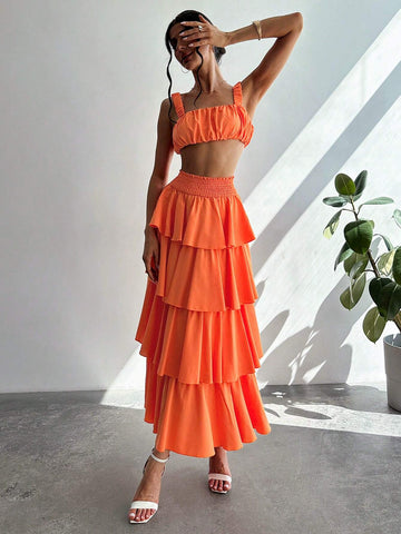 Women Summer Pleated Bust Tank Top + Tower Skirt Half-Body Skirt Beach Vacation Two-Piece Set