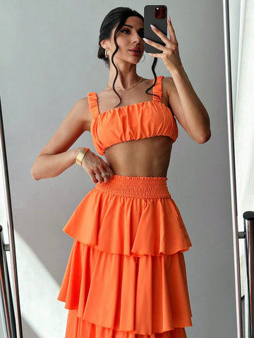 Women Summer Pleated Bust Tank Top + Tower Skirt Half-Body Skirt Beach Vacation Two-Piece Set