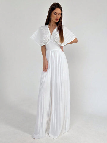 Women Summer Pleated Sun Pleated Fan Sleeves Waist-Cinched Slim-Fit Jumpsuit