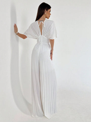 Women Summer Pleated Sun Pleated Fan Sleeves Waist-Cinched Slim-Fit Jumpsuit