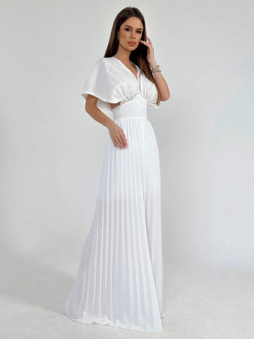 Women Summer Pleated Sun Pleated Fan Sleeves Waist-Cinched Slim-Fit Jumpsuit