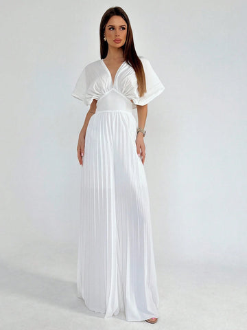 Women Summer Pleated Sun Pleated Fan Sleeves Waist-Cinched Slim-Fit Jumpsuit