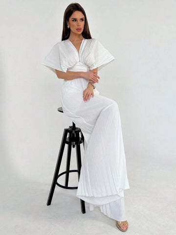 Women Summer Pleated Sun Pleated Fan Sleeves Waist-Cinched Slim-Fit Jumpsuit